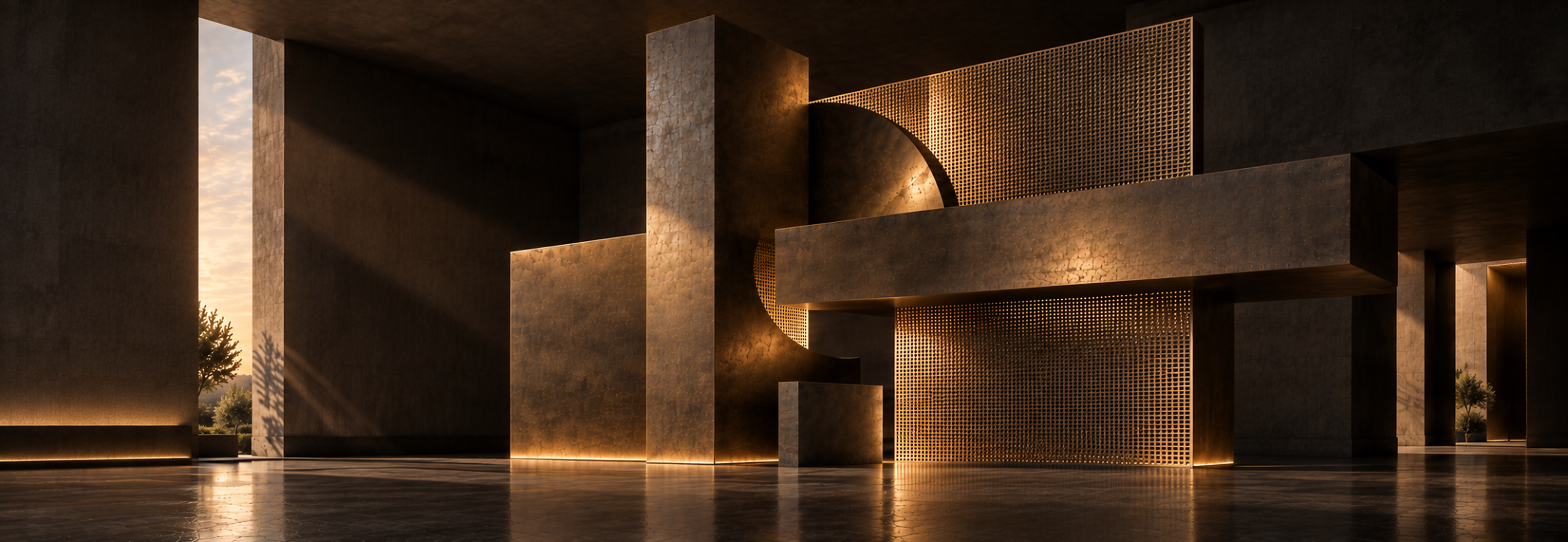 Sculptural architectural interior in bronze and shadow